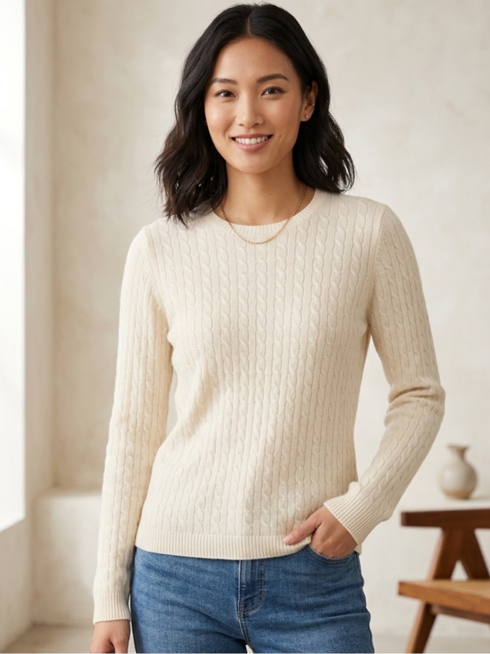 Charter Club Ivory Cashmere Cable Knit Crew Neck Pullover Size M